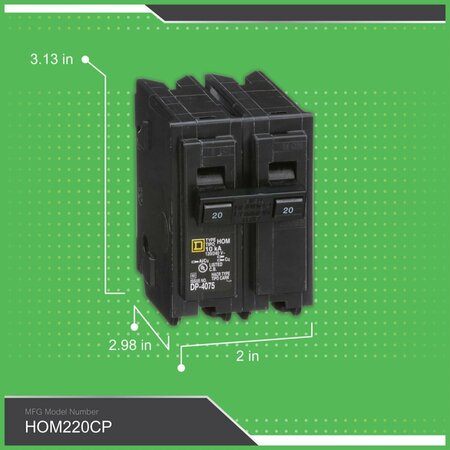 Square D Miniature Circuit Breaker, HOM Series 20A, 2 Pole, 120/240V AC HOM220CP